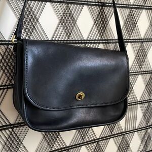 Vintage black leather crossbody brass hardware classic flap with inside pocket